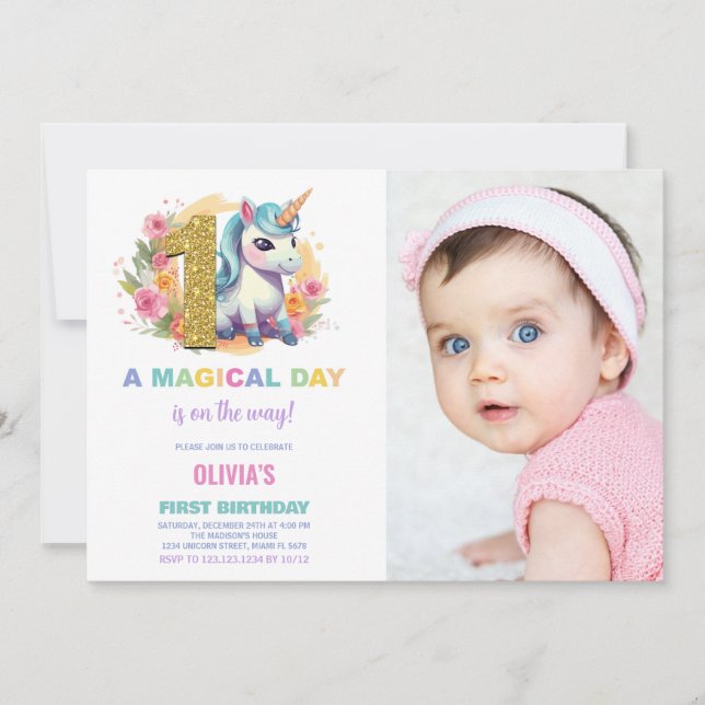 First Birthday Unicorn Birthday Invitations photo (Front)