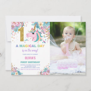 First Birthday Unicorn Birthday Invitations photo