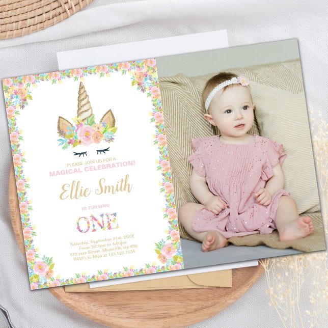 First Birthday Unicorn Invitation with Photo (Photo First Unicorn Birthday Invitations)