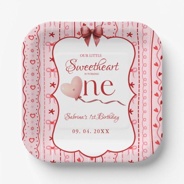 First Birthday valentine baby birthday party Paper Plate (Front)