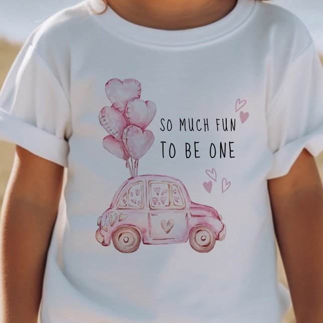 First Birthday Valentine Pink Balloons and Car Baby T-Shirt (Girls First Birthday T-shirt - from my Car and Balloons Valentine Birthday Collection)