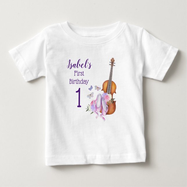First Birthday Violin Ballet and Butterflies Baby T-Shirt (Front)