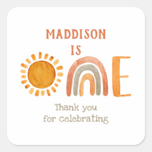 First Birthday Watercolor Boho Rainbow and Sun Square Sticker