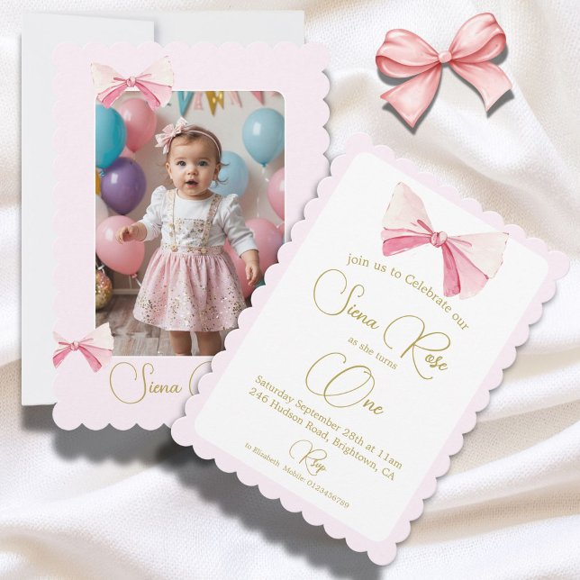 First Birthday Watercolor Bow Photo Cute Pink  Invitation (Creator Uploaded)
