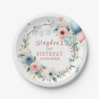 First Birthday - Watercolor Flowers and balloons Paper Plate