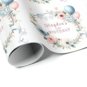 First Birthday - Watercolor Flowers and balloons  Wrapping Paper
