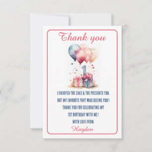 First Birthday - Watercolor gifts and balloons - Thank You Card