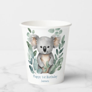 First Birthday Watercolor Koala Bear Birthday Paper Cups