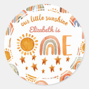 First Birthday Watercolor Sunshine and Rainbow   Classic Round Sticker