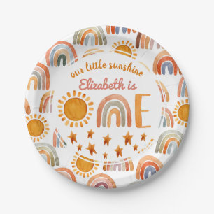 First Birthday Watercolor Sunshine and Rainbow Pa Paper Plate