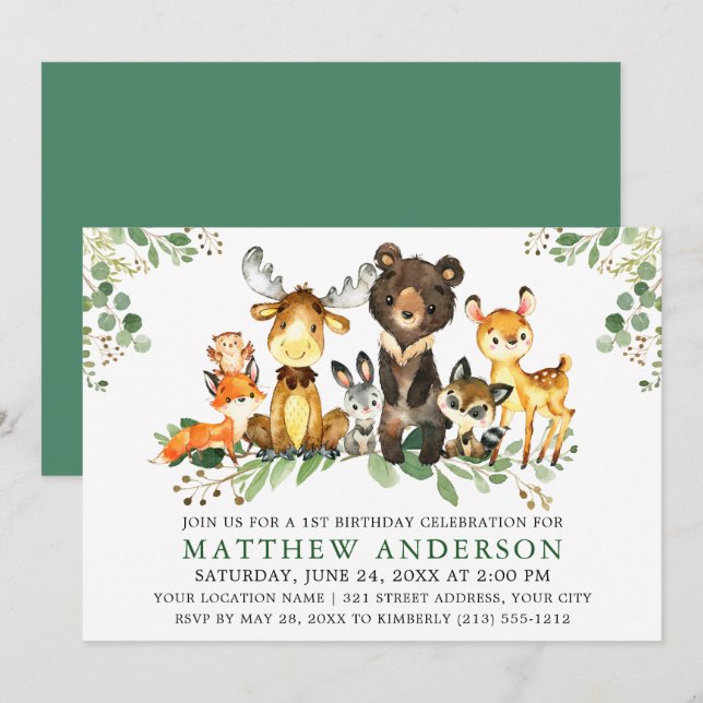 First Birthday Watercolor Woodland Animals Invitation (Front/Back)