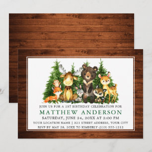 First Birthday Watercolor Woodland Animals Wood Invitation