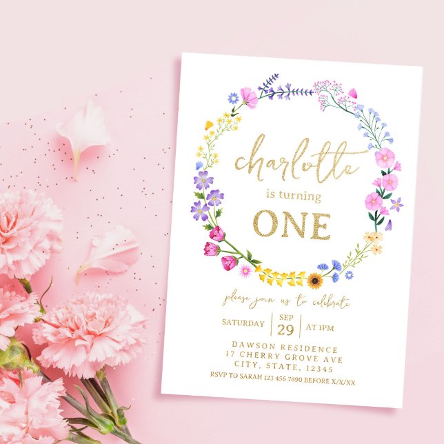 First Birthday Wildflower Spring Summer Baby Girl  (Baby Girl First Birthday Wildflower Spring Foil Invitation)