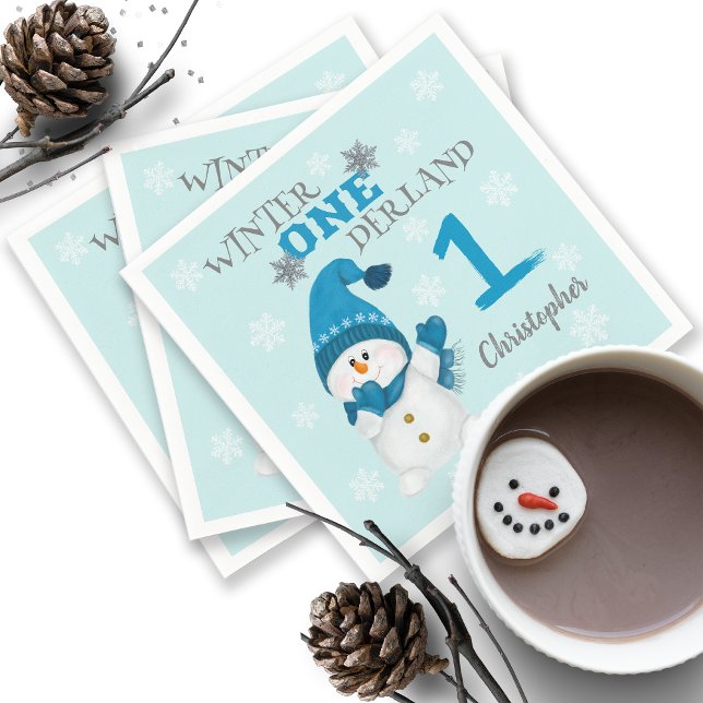 First Birthday Winter Snowflakes Cute Snowman Napkin (Creator Uploaded)