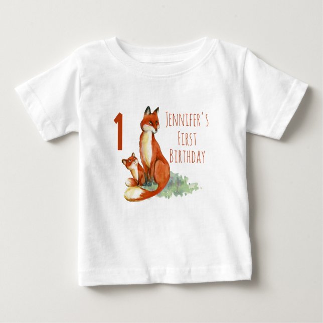 First Birthday with Foxes Watercolor Drawing Baby T-Shirt (Front)