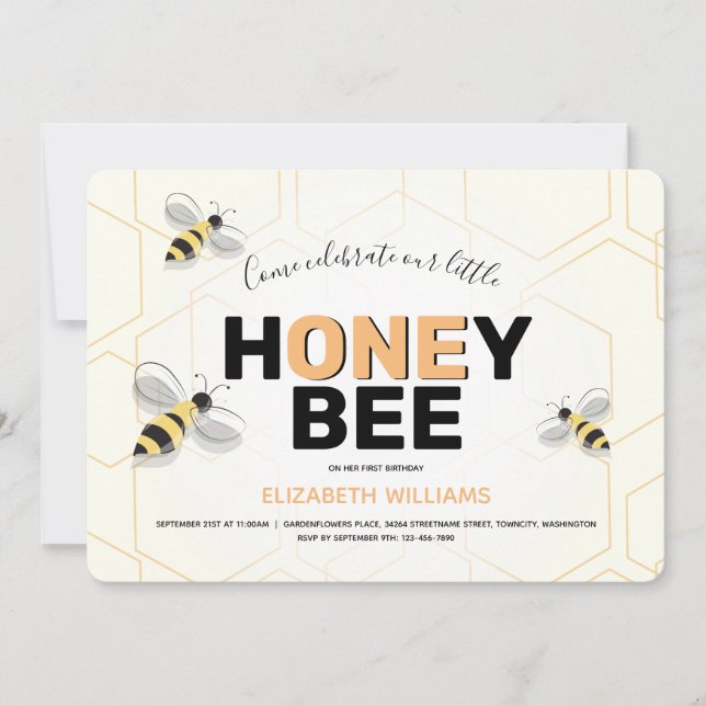 First Birthday Yellow Black Orange Bee Cartoon Invitation (Front)