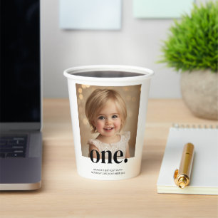 First Bithday Photo Acrylic Sign in Brown & White Paper Cups