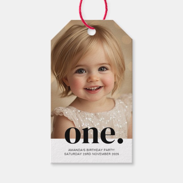 First Bithday Photo Gift Tag in Black & White (Front)