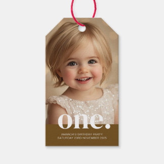First Bithday Photo Gift Tag in Brown & White