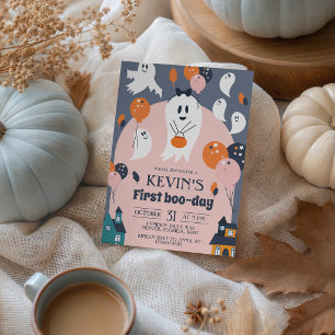 First Boo Day Cute Ghost Balloons 1st Birthday Invitation