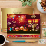 First Candle of Hanukkah Festival of Lights Party<br><div class="desc">First Candle of Hanukkah. Happy Hanukkah Festival of lights party invitation beauty Jewish holiday card. Beautiful Jewish Holiday Chanukkah background with traditional Chanuka decorative symbols - wooden dreidels (spinning top), doughnuts, hanukkiah menorah, candles, star of David and glowing lights wallpaper gold pattern. Hanukkah festival of lights event decoration. Jerusalem, Israel....</div>