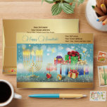 First Candle of Hanukkah Festival of lights party  Envelope<br><div class="desc">First Candle of Hanukkah. Happy Hanukkah Festival of lights party invitation beauty Jewish holiday card. Beautiful Jewish Holiday Chanukkah background with traditional Chanuka decorative symbols - wooden dreidels (spinning top), sweet doughnuts, hanukkiah menorah, candles, star of David and glowing lights wallpaper gold pattern. Hanukkah festival of lights event decoration. Jerusalem,...</div>