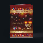 First Candle of Hanukkah Festival of lights Party Invitation<br><div class="desc">First Candle of Hanukkah. Happy Hanukkah Festival of lights Party Invitation Beautiful Jewish Holiday Card. Jewish Holiday Chanukkah background with traditional Chanuka decorative symbols - wooden dreidels (spinning top), donuts, hanukkiah menorah, candles, star of David and glowing lights wallpaper gold pattern. Hanukkah Festival of lights Event Decoration. Jerusalem, Israel. Invitations...</div>
