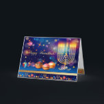 First Candle of Hanukkah Festival of Lights Party Thank You Card<br><div class="desc">First Candle of Hanukkah. Happy Hanukkah Festival of lights party invitation beauty Jewish holiday card. Beautiful Jewish Holiday Chanukkah background with traditional Chanuka decorative symbols - wooden dreidels (spinning top), doughnuts, hanukkiah menorah, candles, star of David and glowing lights wallpaper gold pattern. Hanukkah festival of lights event decoration. Jerusalem, Israel....</div>