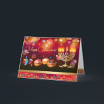 First Candle of Hanukkah Festival of Lights Party Thank You Card<br><div class="desc">First Candle of Hanukkah. Happy Hanukkah Festival of lights party invitation beauty Jewish holiday card. Beautiful Jewish Holiday Chanukkah background with traditional Chanuka decorative symbols - wooden dreidels (spinning top), doughnuts, hanukkiah menorah, candles, star of David and glowing lights wallpaper gold pattern. Hanukkah festival of lights event decoration. Jerusalem, Israel....</div>