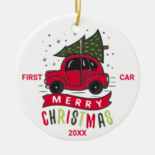 First Car Merry Christmas Red Car Tree Custom Text Ceramic Tree Decoration