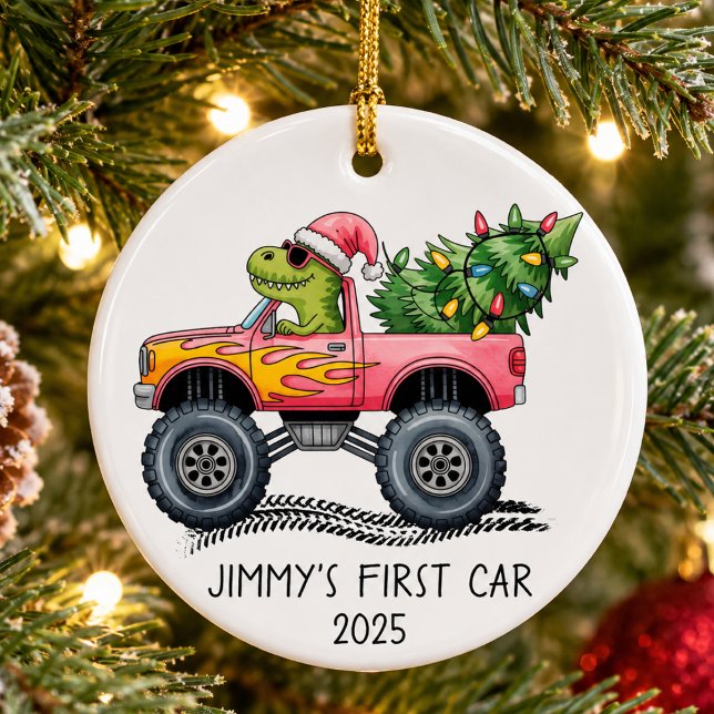 First Car Personalised Dinosaur Monster Truck Ceramic Tree Decoration (Creator Uploaded)