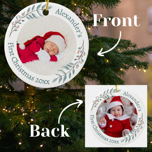 First Christmas 2 Photos Greenery & Berries Wreath Ceramic Tree Decoration