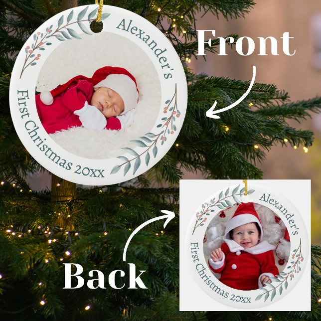 First Christmas 2 Photos Greenery & Berries Wreath Ceramic Tree Decoration (Creator Uploaded)