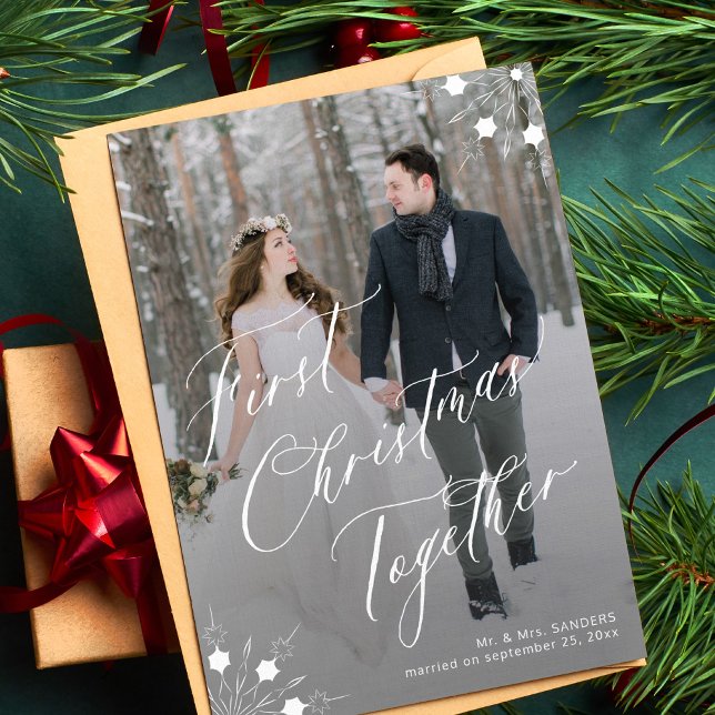 First Christmas 3 photos newlyweds wedding Holiday Card (Creator Uploaded)