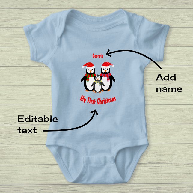 First Christmas add name penguins Baby Bodysuit (Creator Uploaded)