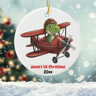 First Christmas Aeroplane and Dinosaur Pilot Custo Ceramic Tree Decoration