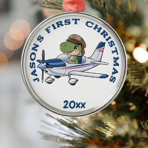 First Christmas Aeroplane and Dinosaur Pilot Custo Metal Tree Decoration
