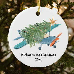 First Christmas Aeroplane Tree Travel Personalised Ceramic Tree Decoration