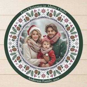 First Christmas Alpine Chalet Family Photo Nordic  Classic Round Sticker