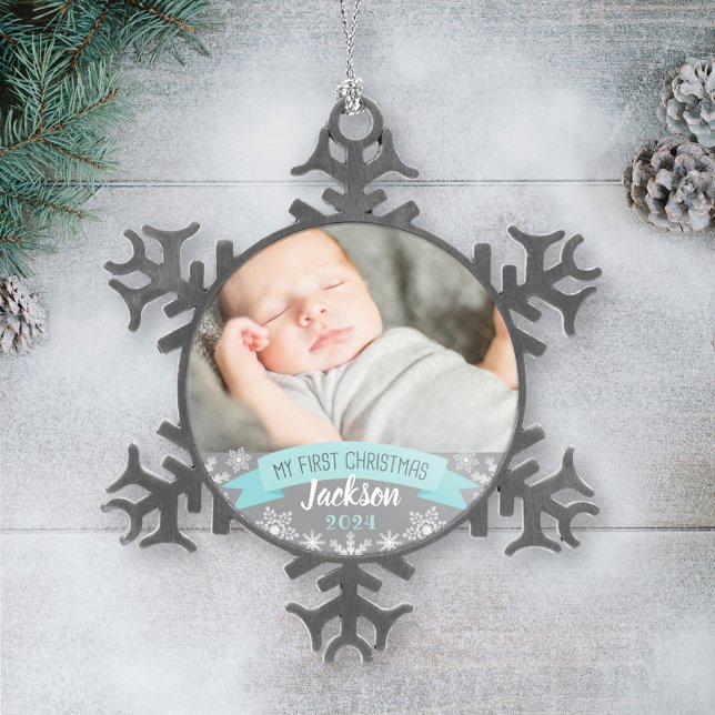 First Christmas Aqua Blue Baby Boy Photo Snowflake Pewter Christmas Ornament (Creator Uploaded)