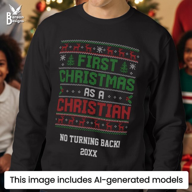 FIRST CHRISTMAS AS A CHRISTIAN Ugly Christmas Sweatshirt (Fun FIRST CHRISTMAS AS A CHRISTIAN sweatshirt in Nordic-inspired knitwear style. Ideal ugly jumper.)