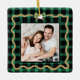 First Christmas as a Family Green Buffalo Plaid Ceramic Ornament