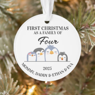 First Christmas As a Family of 4, Custom Penguin Ornament