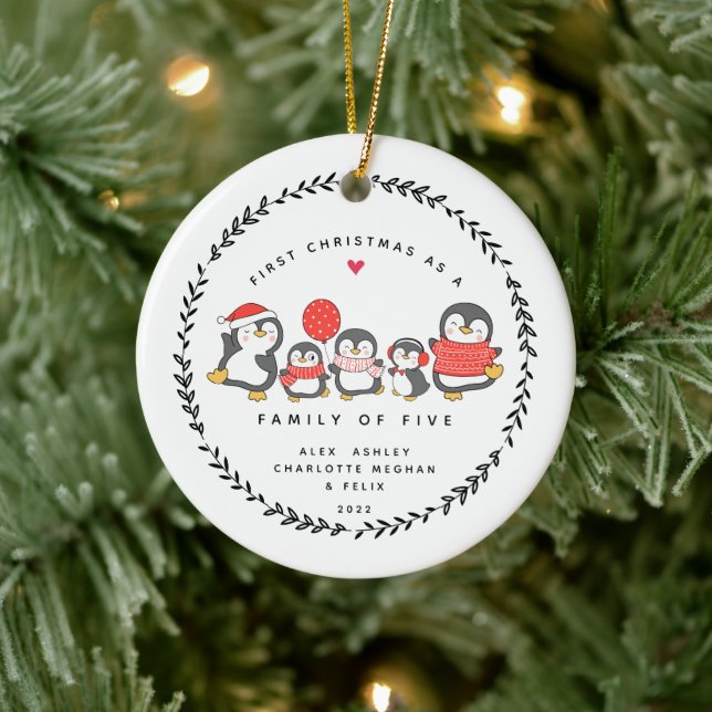 First Christmas As A Family Of Five Penguins Ceramic Tree Decoration (Tree)