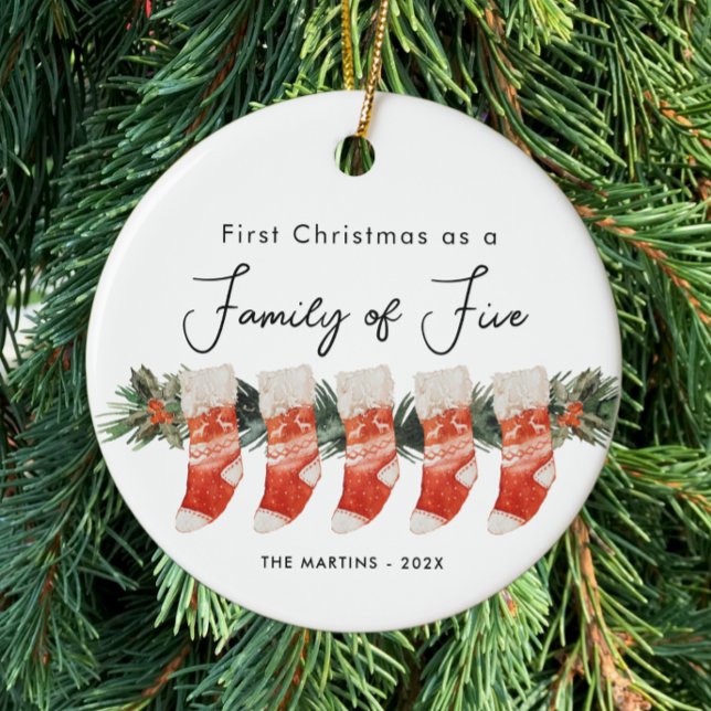 First Christmas as a Family of Five Stockings Ceramic Tree Decoration (Creator Uploaded)