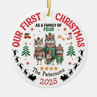 First Christmas As A Family Of Four Custom Name Ceramic Tree Decoration