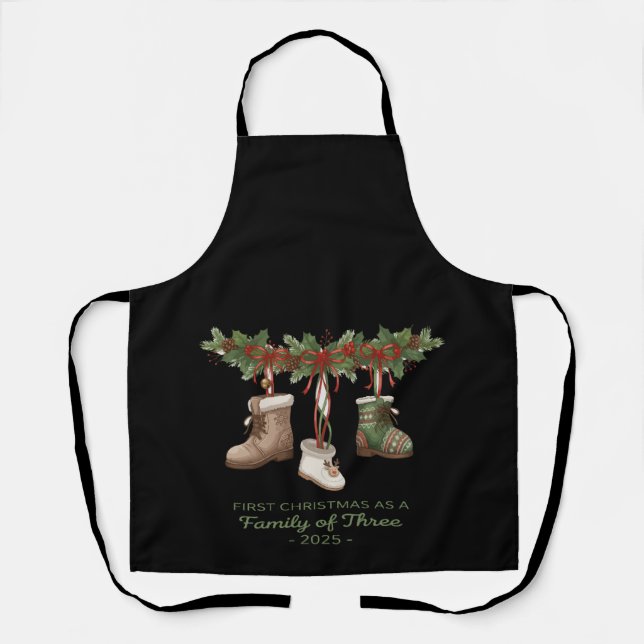 First Christmas as a Family of Three 2025 Rustic  Apron (Front)