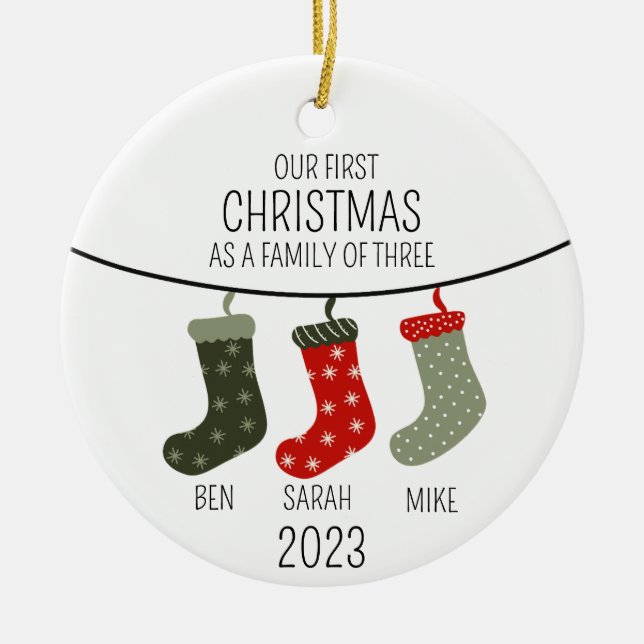 First Christmas as a family of three Ceramic Tree Decoration (Front)