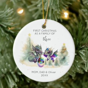 First Christmas as a Family of Three Neon Dragon  Ceramic Tree Decoration