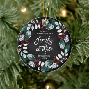 First Christmas as a Family of Three Rustic Wreath Ceramic Tree Decoration
